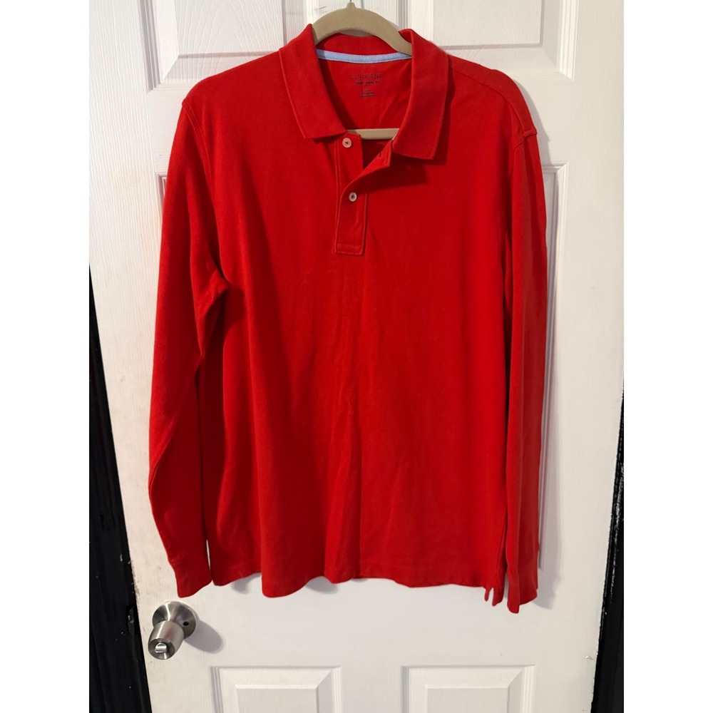 Lands End Mens Red Long Sleeve Polo Shirt Traditional Fit 100% Cotton Size M